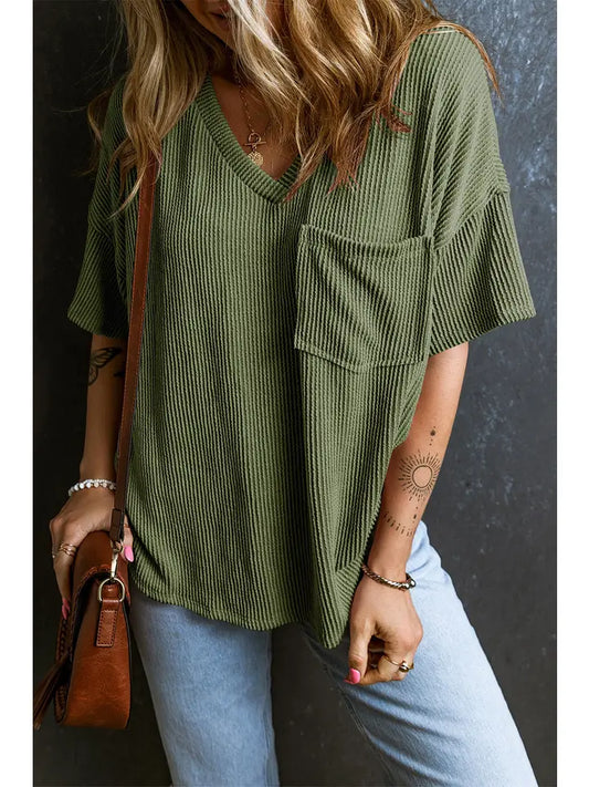 Corded V Neck Loose Tee w/ Chest Pocket