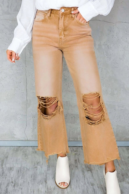 Distressed High Waisted Cropped Flare Jeans