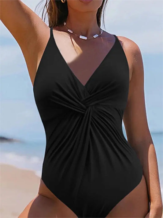 V Neck Twist Ruched Crisscrossed Backless One Piece Swimsuit